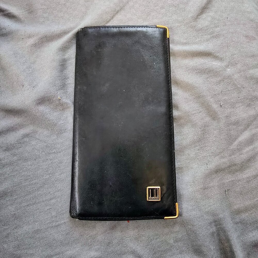 Vintage Dunhill Black Leather Bifold Wallet With Gold Accents